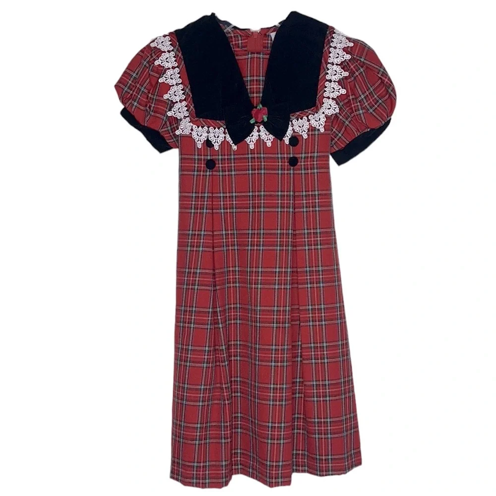 RARE EDITIONS Girls Red Plaid Short Puffy Sleeve Dress Black Velvet Collar Lace